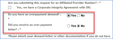 Do you have an overpayment demand? Yes is selected. Did you receive an overpayment letter? No is selected.